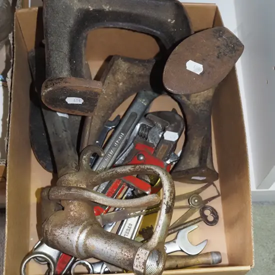 box; ring spanners, shoe lasts, petrol bowser handle etc