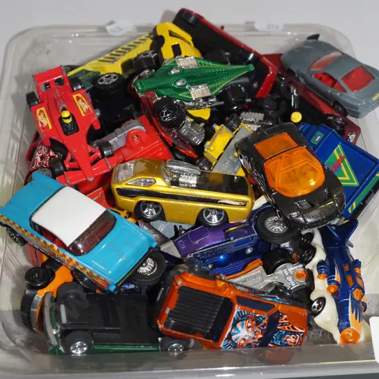 tray of toy vehicles