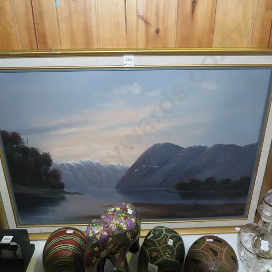 G Potter - oil on board - lake and mountain scene - needs re stringing, marks, frame needs attention
