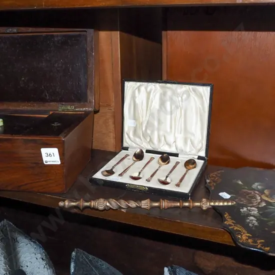 Victorian tea caddy, golden plated spoons, lacquer fan