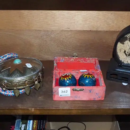 shelf; ashtray, brass hip flask etc