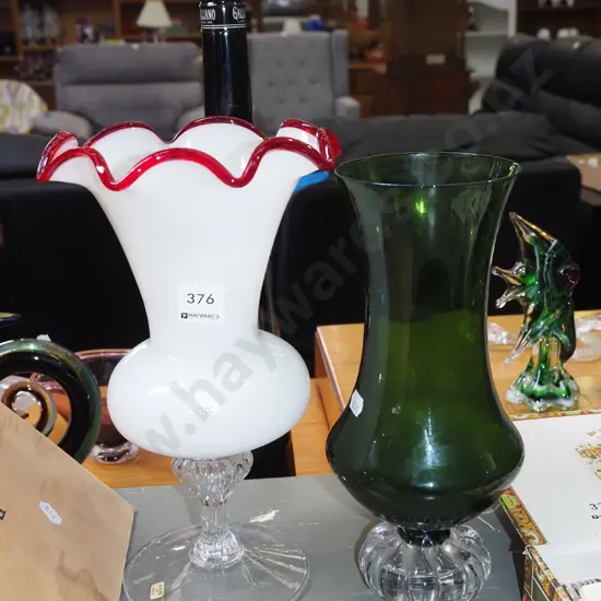 milk glass and green glass vases H-280