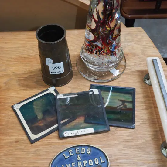 small copper vase, art glass ornament, magic lantern slides, Leeds Liverpool brass plaque