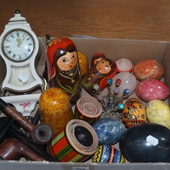 box; stone and timber eggs, nesting dolls (some AF / partial) smoking pipes, small wall clock etc