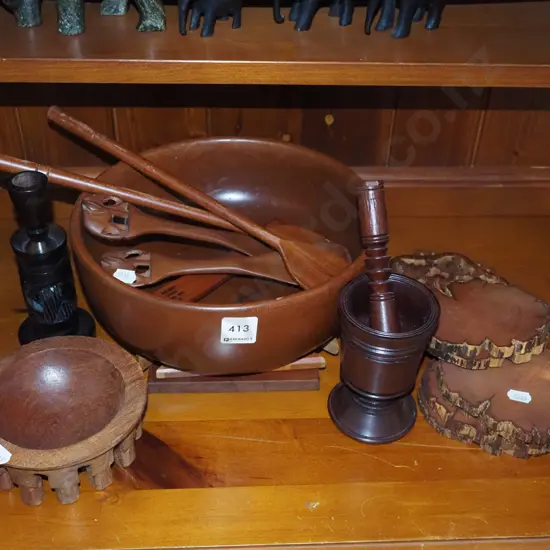 wooden bowl, servers, coasters, candlesticks etc