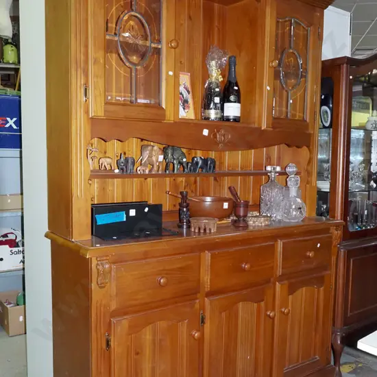 solid pine wall unit with 3 solid doors and drawers, bevelled edge leadlight doors H-2060 W-1430 D-450