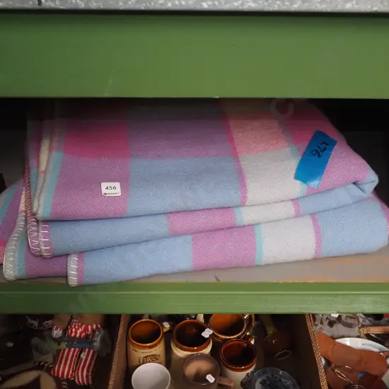 2x blue and pink checked woollen blankets