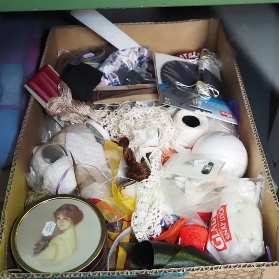 box; various threads, braiding, elbow patches etc