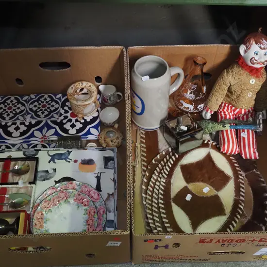 2x boxes of tiles, beer stein, dolls etc - red dots