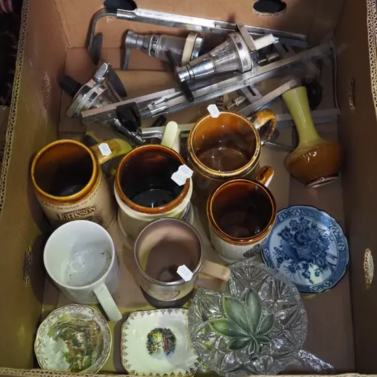 box; nip pourers, optics, beer stein, glass bowl etc