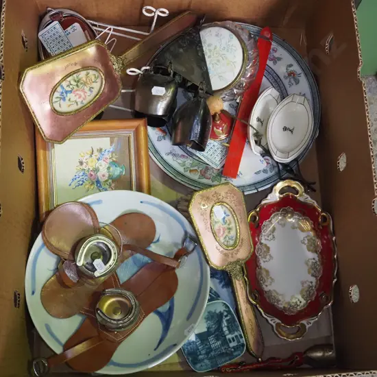 box; dressing table set, bowls, plates, horse shoe etc