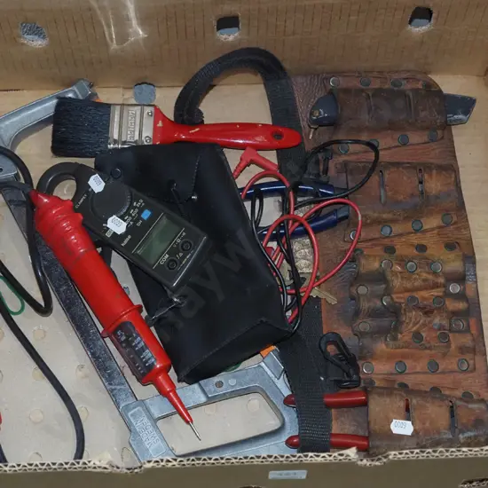 box; electrical meter, electrician tool belt etc