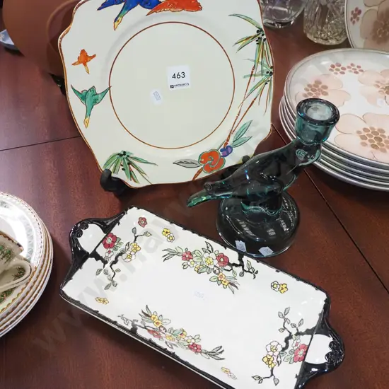 honey glazed plate, Doulton bowl, glass bird themed candlestick