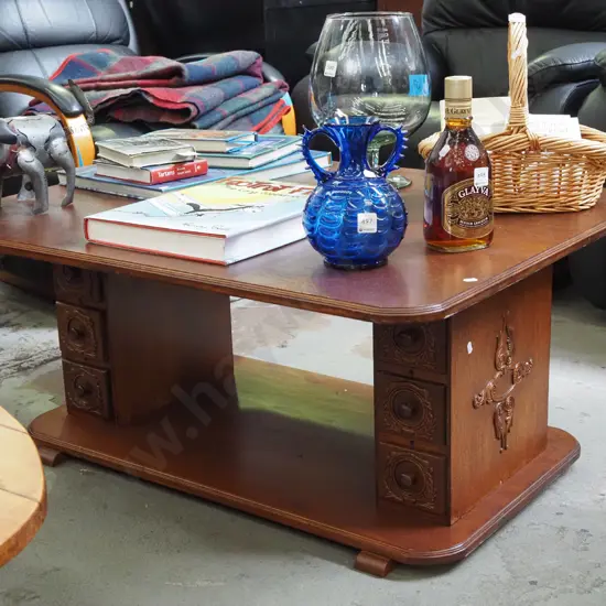 oak topped coffee table with base made from pair of treadle machine drawers H-440 W-1000 D-800