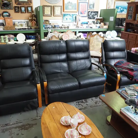 3 piece black leather and bentwood La-Z-Boy lounge suite - 2 seater and 2 rocker recliners
