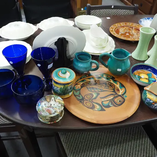 blue glass wine glasses, glasses bowl, jugs etc