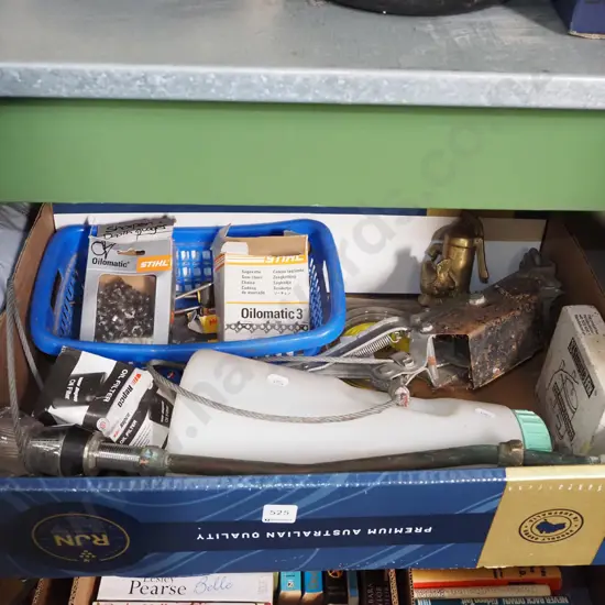 box; hand winch, taps, chainsaw chains etc