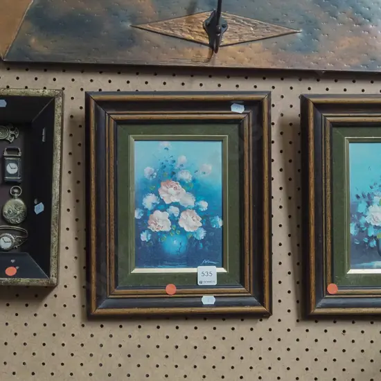2x framed floral oils, 3D watches - red dots