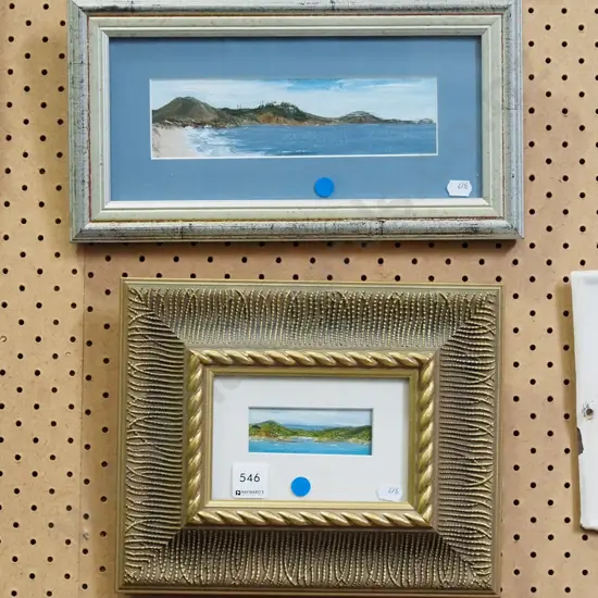 2x framed oils - seascapes - blue dots