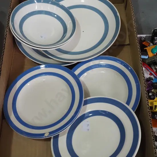 blue and white striped plates and bowls - chips