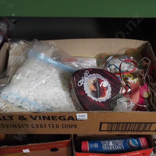 box of sewing accessories; ribbons, lace, threads etc