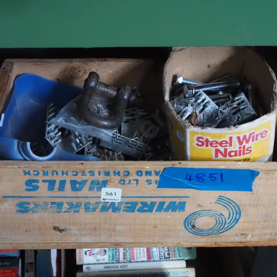 wooden nail box, nail plates, large D shackle etc