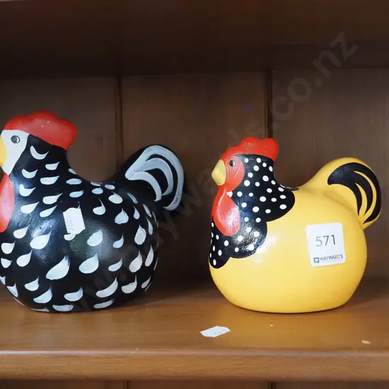 2x hand painted happy hens