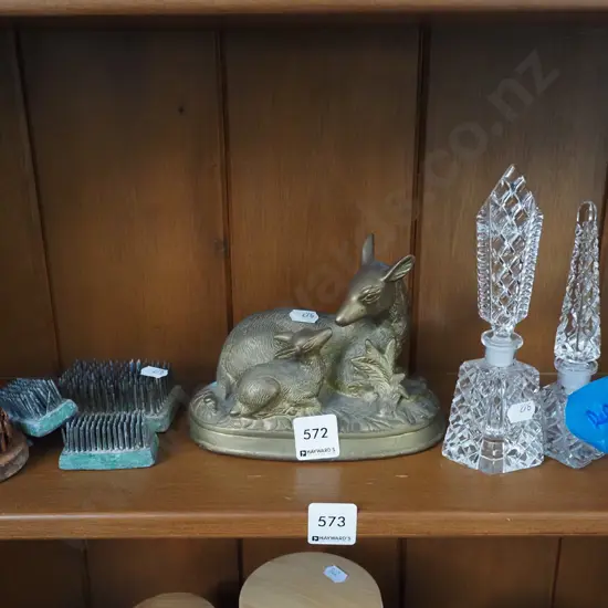 2x scent bottles, brass fawn and doe figurine etc