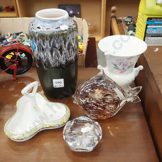 English vases, glass bird, ring dish, paperweight