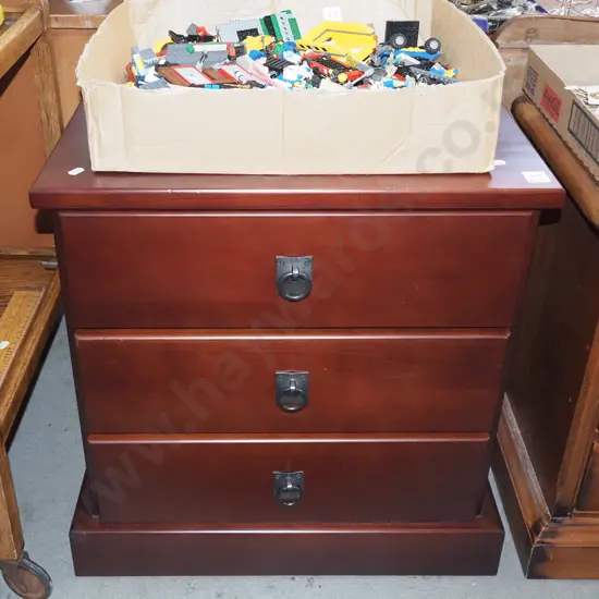 dark stained 3 drawer bedside cabinet with metal drop handles