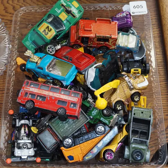 tray of toy vehicles