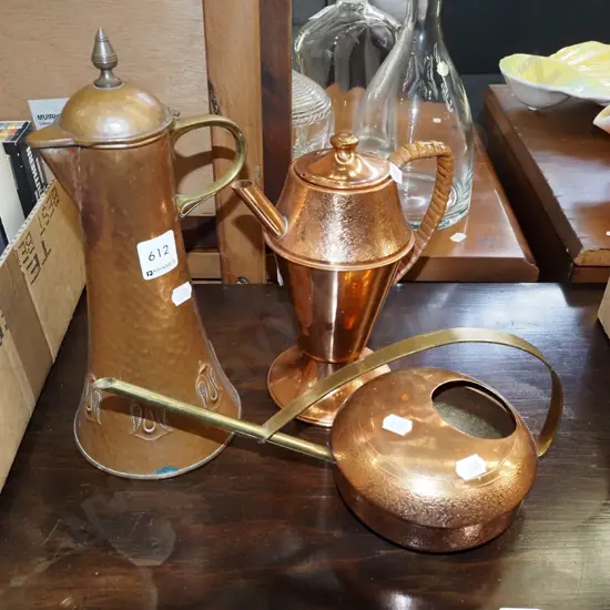 copper; watering can, teapt, arts and craft jug - lid hinge is broken