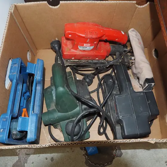 box; orbital sander, planer, glue gun etc