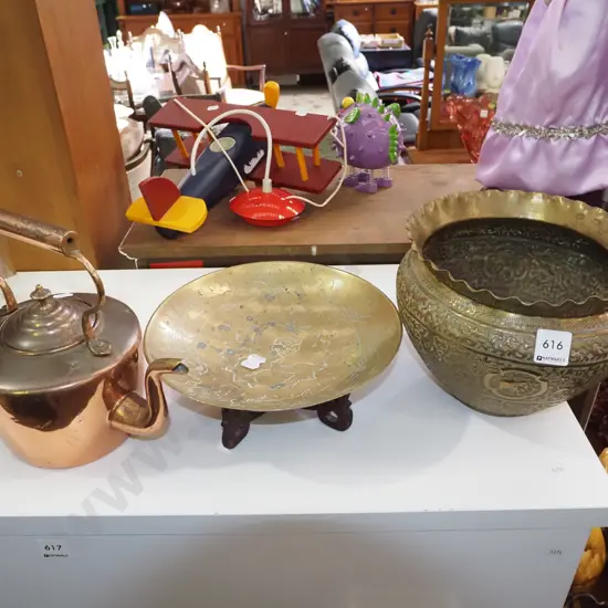copper teapot, brass bowl on stand, jardiniere