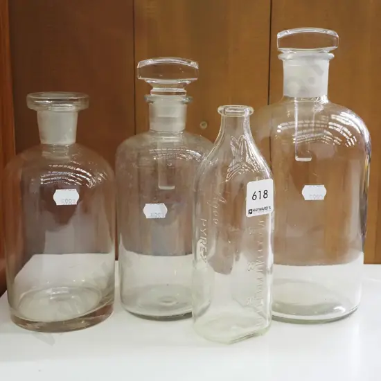 3x apothecary bottles, baby bottle