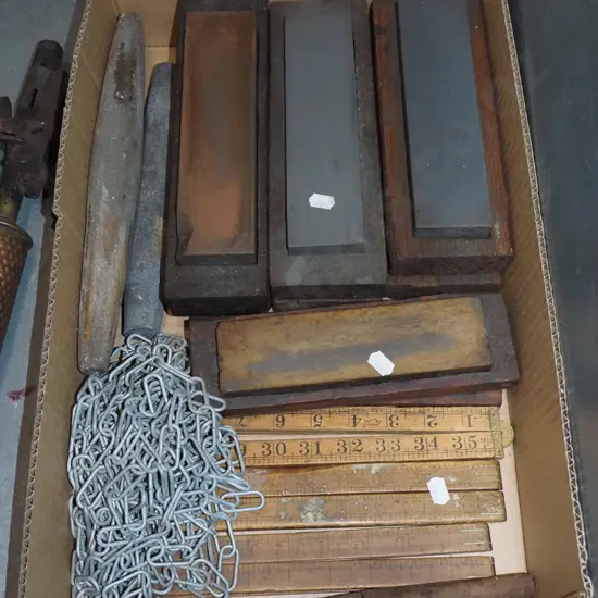 box; sharpening stones, builders rules etc