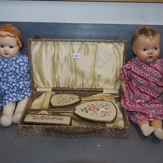 box; dressing table set, vintage dolls