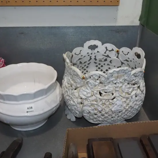 cast alloy fretwork jardiniere stand, white ceramic jardiniere