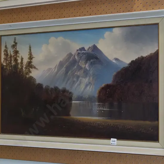 framed oil on board - lake and mountain scene -  damage