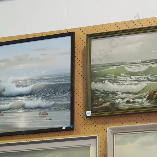2x framed oils - seascapes - blue dots
