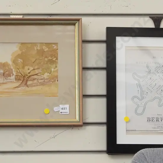 framed watercolour - farm building, framed reproduction map - Berwick - yellow dots