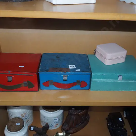 2x vintage lunch boxes, 2x jewellery cases