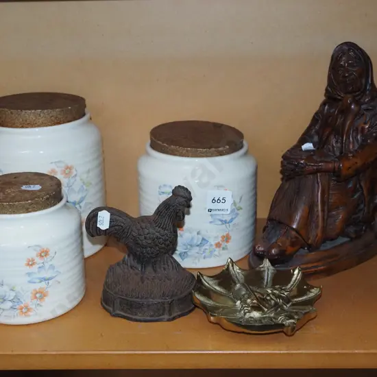 3x lidded canisters,cast metal poultry doorstop, figurine H-230