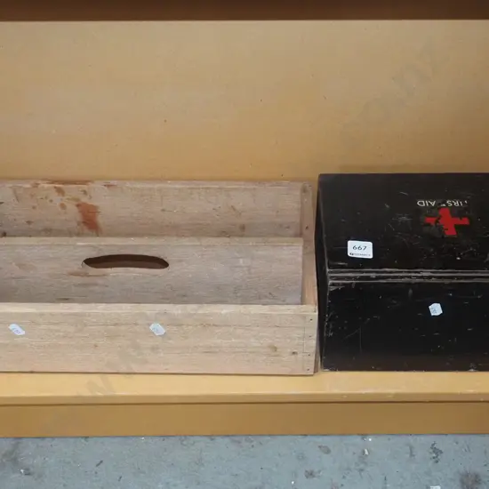 vintage first aid kit, wooden tool tray