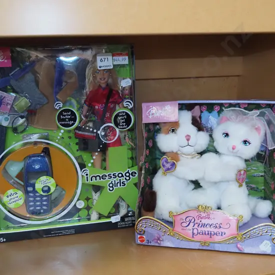 2 boxed toys - Barbie iMessage girl, Princess and Pauper soft toys