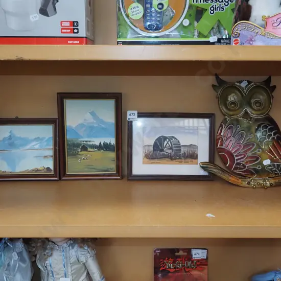 small John Brassell oils on boards, metal owl, Yvonne Benson hand colouredd print