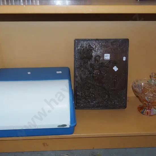 wooden panel, coloured cut glass comport etc