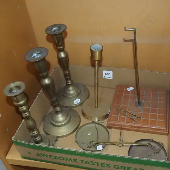 box; brass candlesticks, scales