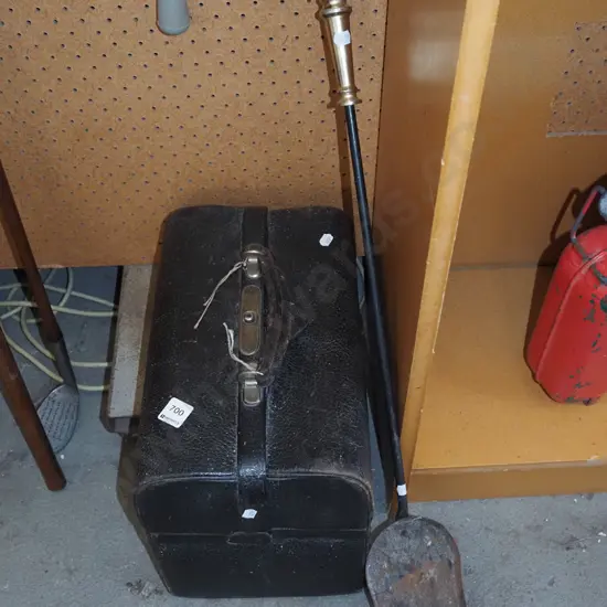 black leather doctor's bag, long handled coal shovel