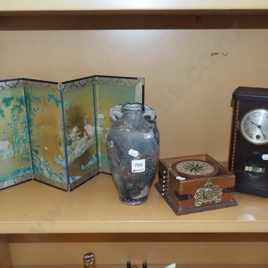 shelf; 3 fold screen, vase - damage, clock etc